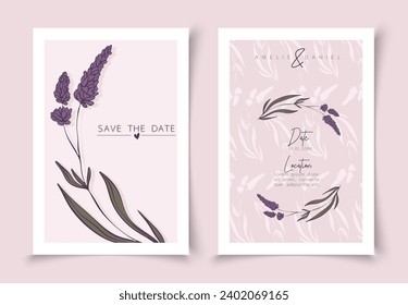 Set of cards minimal hand drawn lavender branches in line art style. Botanical leaves frame template. Editable vector design card for advertising, cover, wedding invitation, poster or save the date.