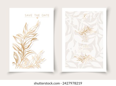 Set of cards minimal hand drawn branch elements in gold line art style. Botanical leaves frame template. Editable vector design card for advertising, cover, wedding invitation, poster or save the date