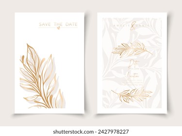 Conjunto de tarjetas de elementos de ramas dibujados a mano mínimos en estilo de arte de línea dorada. Plantilla de marco de hojas botánicas. Tarjeta de diseño vectorial editable para publicidad, portada, invitación de boda, póster o guardar la fecha