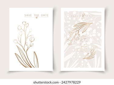 Conjunto de tarjetas de elementos de ramas dibujados a mano mínimos en estilo de arte de línea dorada. Plantilla de marco de hojas botánicas. Tarjeta de diseño vectorial editable para publicidad, portada, invitación de boda, póster o guardar la fecha