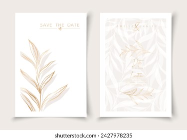 Set of cards minimal hand drawn branch elements in gold line art style. Botanical leaves frame template. Editable vector design card for advertising, cover, wedding invitation, poster or save the date