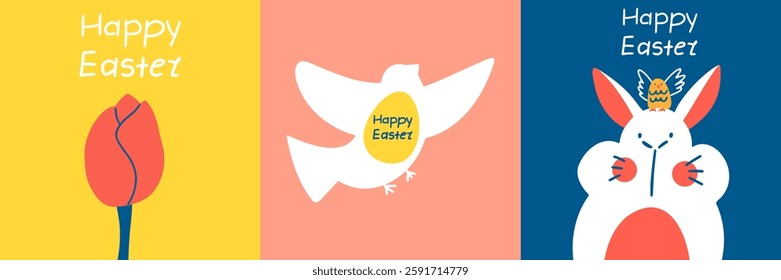 A set of cards in a minimalistic style with Easter symbols. Stylish design postcards. 