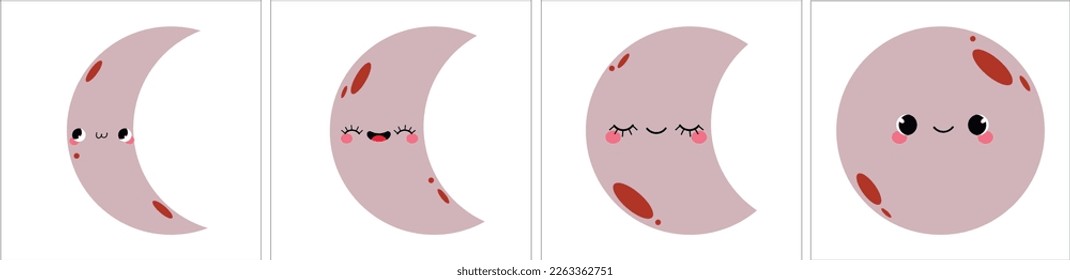 Set of cards with the moon phase. Cute funny moon character for kids print,poster,textile,memory and more.