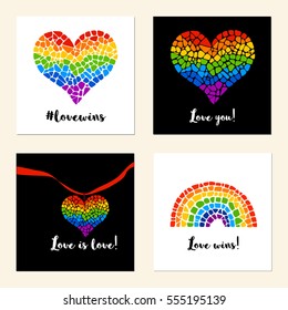 Set of cards with mosaic hearts and rainbow. LGBT logo. Gay culture sign. Pride design element. 