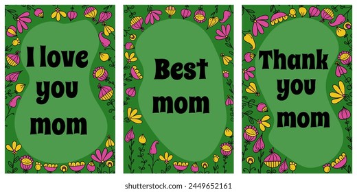 Set of cards for Mother's Day with congratulatory short phrases, Frames of flowers in doodle style on a dark green background of cards for the holiday vector illustration