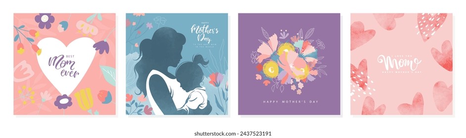 Set of cards for Mother's Day. Silhouette of a mother and child, hand drawn cute flowers,watercolor hearts and handwriting. Great for cards, invitations, banners - vector design