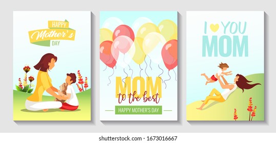 Set of cards for Mother's Day, Women's Day, childhood, motherhood. Mother with child in nature, flying balloons. A4 Vector illustrations for card, postcard, poster, cover, print.