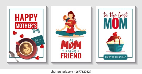 Set of cards for Mother's Day, Women's Day, childhood, motherhood. Mother with child, cupcake, cup of coffee. A4 Vector illustrations for card, postcard, poster, cover, print.