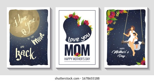 Set of cards for Mother's Day, Women's Day, childhood, motherhood, happy family. Mother with child on the swing, inspirational quote. A4 Vector illustrations for card, postcard, poster, cover, print.