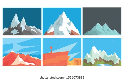 Set of cards with mountain landscapes. Vector illustration.