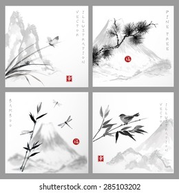 Set of cards with mountains, leaves of grass, pine tree, bamboo, butterfly, dragonflies and bird hand drawn in traditional Japanese painting style sumie Sealed with hieroglyphs "luck" and "happiness".