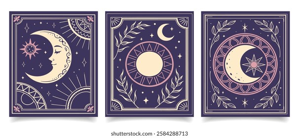 Set of cards with mystical celestial sun, moon and stars. Art prints, wall posters. Illustration