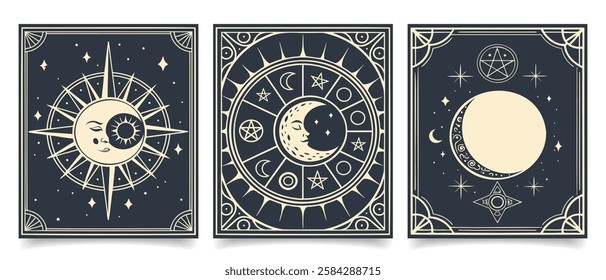 Set of cards with mystical celestial sun, moon and stars. Art prints, wall posters. Illustration