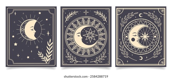 Set of cards with mystical celestial sun, moon and stars. Art prints, wall posters. Illustration