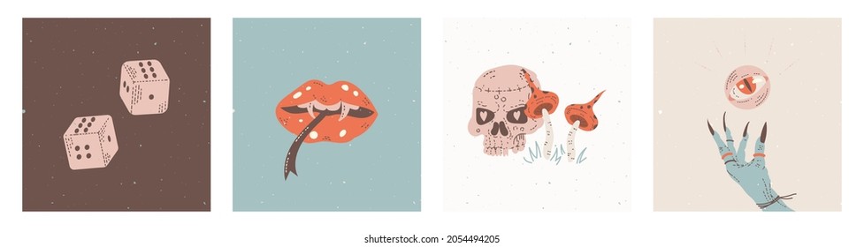 Set of cards with mystical elements. The day of the Dead. Hand draw doodle illustration
