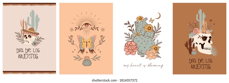 Set of cards with Mystical and Mexico elements. Mexican holiday "Day of the Dead" or "Dia de los muertos". Skull, cactus, floral and mystic elements. Editable vector illustration.