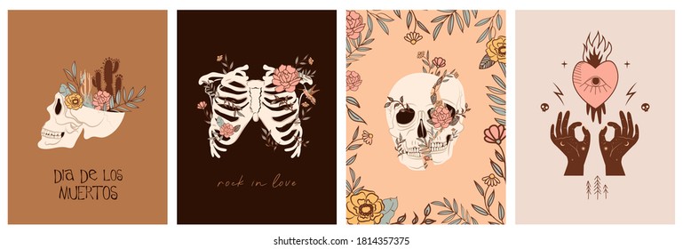 Set of cards with Mystical and Mexico elements. Mexican holiday "Day of the Dead" or "Dia de los muertos". Skull, cactus, floral and mystic elements. Editable vector illustration.