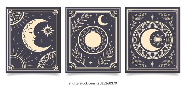 Set of cards with mystical sacred sun, moon and stars. Art prints, wall posters. Illustration