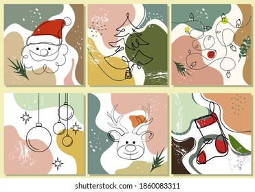 Set cards, napkins, background for a festiv Cards, napkins, background for a festive party Christmas, New Year 2021. black contours of Santa Claus, Christmas tree, deer, various shapes and snow 