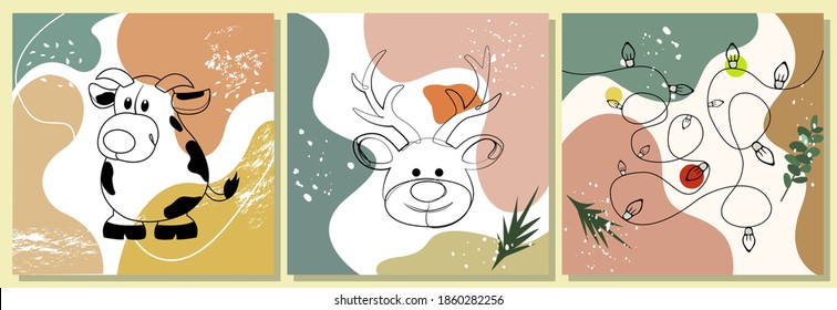 Set cards, napkins, background for a festive party Christmas, New Year 2021. black contours of a bull, a deer, a garland with lights on an abstract background of various shapes and snow