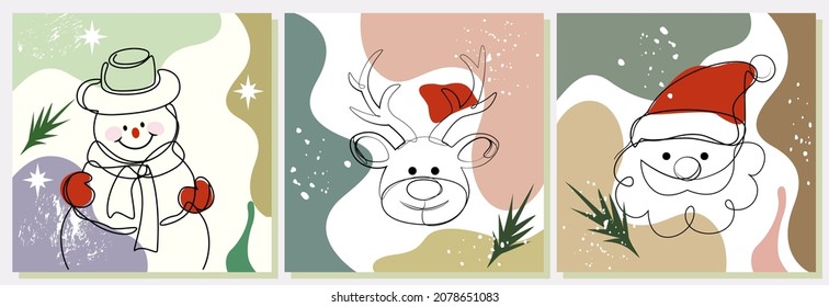 Set of cards for napkins,  background festive party Christmas, New Year 2023. black outlines of a snowman, deer, Santa Claus on an abstract  various shapes and snow in traditional Christmas 