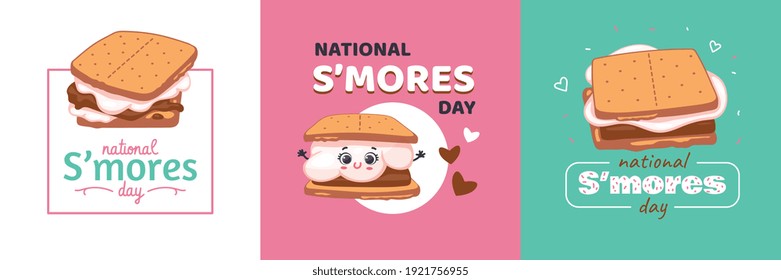 Set of cards for National Smores Day with kawaii face marshmallow cartoon character, flat vector illustration. Festive posters with assembled Smores desserts.