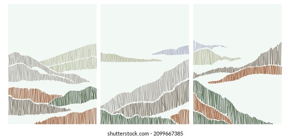 Conjunto de tarjetas con paisaje natural con vector de patrón de línea. Resumen de antecedentes artísticos. Imagen de montañas, bosques