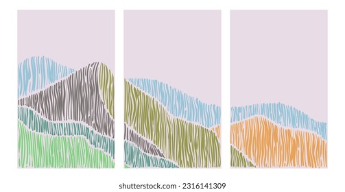 Set of cards with natural landscape with line pattern vector. Abstract artistic background. Image of mountains, forests