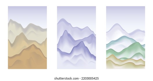 Set of cards with natural mountains landscape. Vector. Painting. Abstract artistic background. Image of mountains