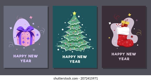 Set of cards for New Year and Christmas with a gift, a tree and a Christmas boot.Vector illustration.