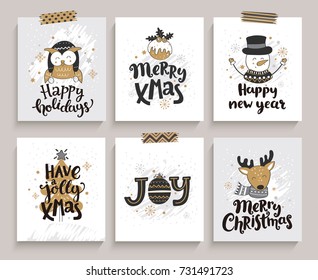 Set of cards for new year and christmas. Vector illustration.