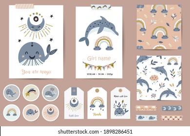 Set of cards, notes, stickers, labels, stamps, tags with whales and rainbows illustrations for girls. Printable cards templates.