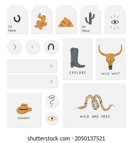 Set of cards, notes, stickers, labels, stamps, tags with wild west, buffalo skull, eye, mountains, cactus, cowboy hat, cowboy boot, viper. Vector illustration