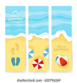 Set of cards with ocean or sea and sandy beach. Summer backgrounds with colored beach ball, umbrellas and flip flops with footprints. Lettering Hello Summer, illustration.