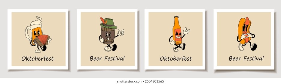 Juego de cartas Oktoberfest con Juego de cuatro cervezas retro, personaje de mascota Hot Dog. Tarjetas de felicitación