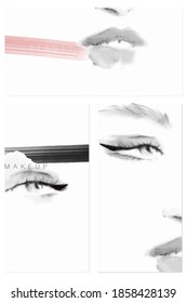 Set of cards on the theme of beauty and makeup. Hand drawn female eyes, lips. Vector