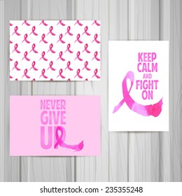A set of cards on the theme of female breast cancer. In watercolor style. Pattern in pink ribbon. Handmade.