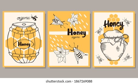 A set of cards on the theme of honey. Vector illustration in engraving style.