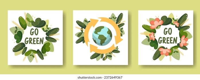 A set of cards on the theme of saving the earth, earth day. Recycle, love the earth, go green. In a wreath of leaves and flowers. Vector illustration, cartoon flat style.