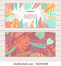 Set of cards on tropical jungle leaves theme. Pattern clipped with Clipping Mask and is fully  editable in Adobe Illustrator program