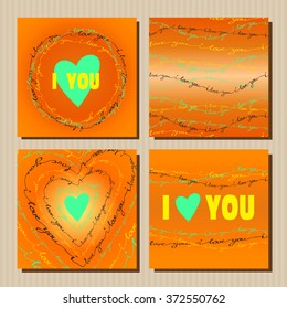 Set of cards for orange valentines design. Card with heart shape, circle, square frame. Green hearts and handwritten I love you words frame background. Love tags and badges for valentine day greeting