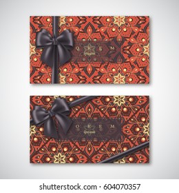 Set of cards in oriental style with realistic bow and  hand drawn mandala pattern. Islam, arabic, indian, asian elements. Vector illustration.
