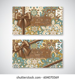 Set of cards in oriental style with realistic bow and  hand drawn mandala pattern. Islam, arabic, indian, asian elements. Vector illustration.