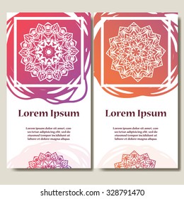 Set of cards. Ornate design can used for invitation, greeting or business card. Template for your design. Mandala vector background with place for text.