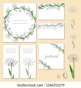 set of cards and other elements with floral illustrations