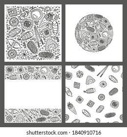 Set of cards with outline doodle asian sushi and rolls isolated on grey background. Set, composition in circle, poster and seamless pattern.