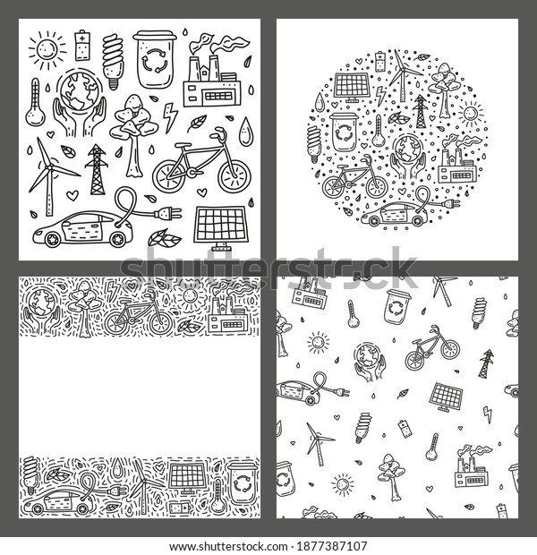 Set\
of cards with outline doodle ecology icons isolated on grey\
background. Composition, poster and seamless\
pattern.