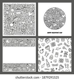 Set of cards with outline doodle Valentine's day icons isolated on grey background. Composition, poster and seamless pattern.