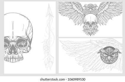 Set of cards with owl, feathers, arrows and skull. Monochrome vector illustration isolated on white background