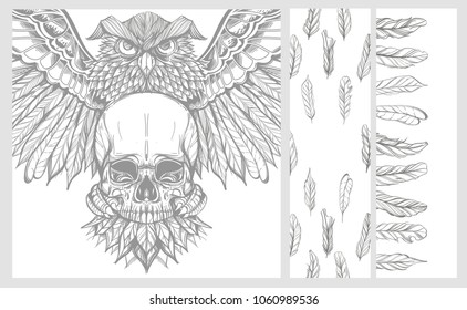 Set of cards with owl, feathers and skull. Monochrome vector illustration isolated on white background